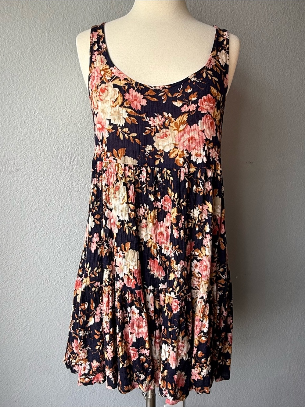 American Eagle Babydoll Navy Floral Scoop Neck Tiered Mini Sundress
